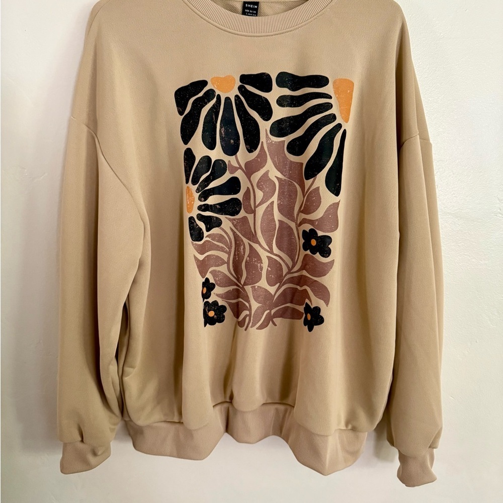 Oversized Beige Floral Graphic Sweater, Size Large - Picture 1 of 4